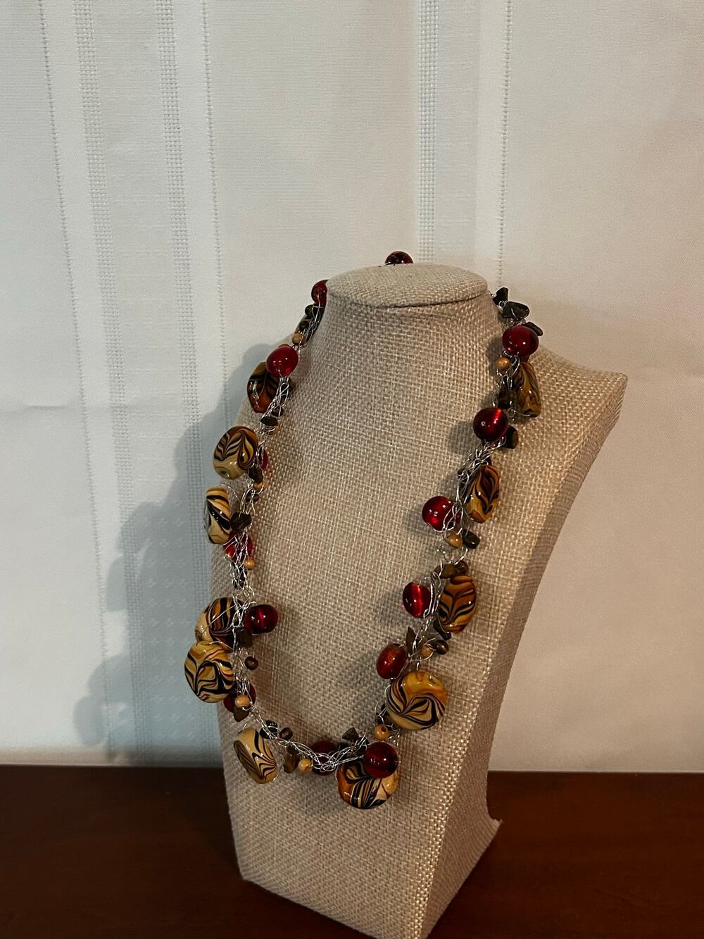 Boho Crochet Lampwork Bead Necklace Amber Yellow Red Crystal Spring Clasp